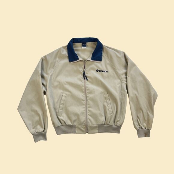 80s Texaco windbreaker jacket, XL vintage 1980s beige & blue oil and gas jacket - Picture 1 of 9